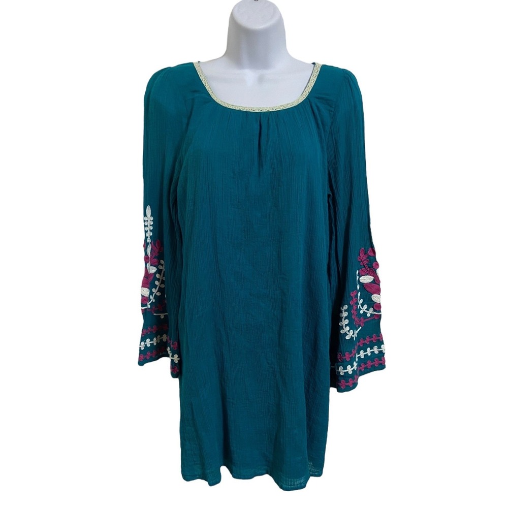 Umgee Teal Blue Embroidered Bell Sleeve Boho Shift Dress Peasant Hippie Gypsy M - Picture 2 of 9